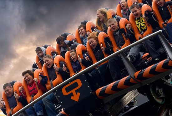 Group of people on Oblivion ride at Alton Towers