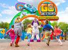 Group of young children running towards Go Jetters Vroomster Zoom Ride in CBeebies Land Alton Towers 