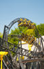 Two rollercoaster cars on The smiler at Alton towers crossing over mid loop