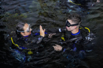 Diver and instructor in swimming pool at Bear Grylls Adventure Shark Dive