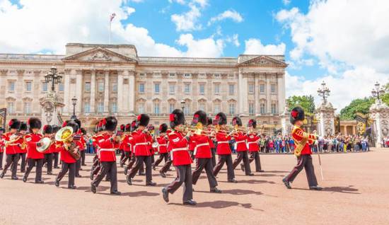 Changing of the Guard in progress at Buckingham Palace
