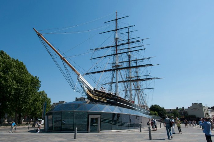 Cutty Sark boat museum on a sunny day with blue skies