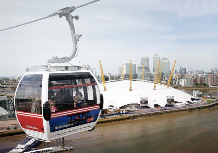 Cable car travelling over The O2 in London