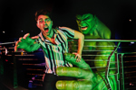 Man poses with Hulk wax work at Marvel Universe 4D at Madame Tussauds London