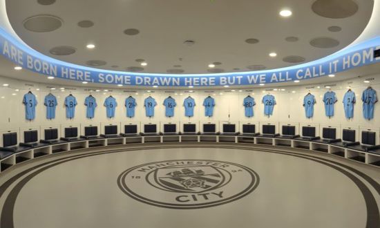 Football tops in Home Dressing Room at Manchester City Stadium