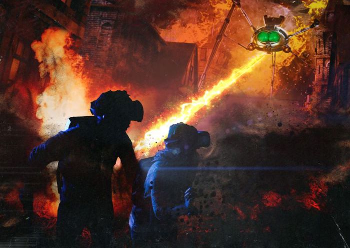 Guests wearing VR headsets at the war of the worlds experience with martians shooting fire in the background