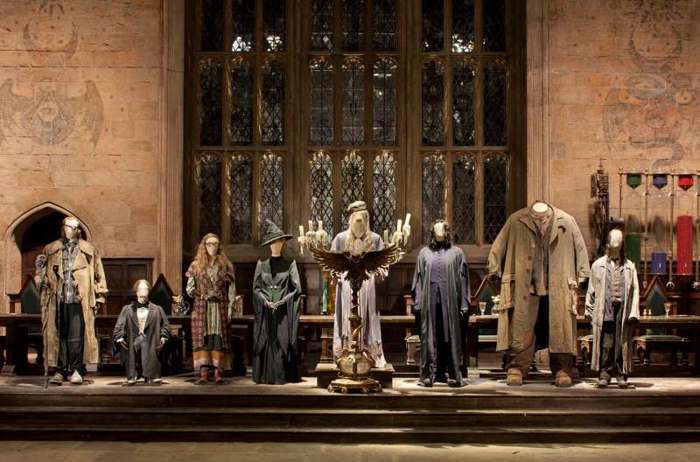 Costumes of main characters from the Harry Potter movie franchise on display