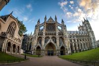 Fish-eye lens angle of Westminster Abbey exterior and gardens